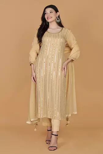 beige georgette embroidered kurta set
