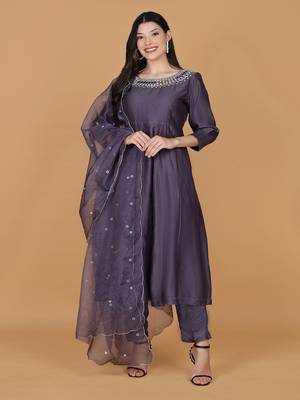 purple chanderi mirror work anarkali set 1