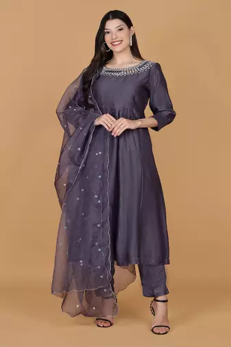 Dull purple pure chanderi mirror work anarkali set