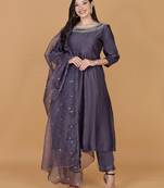 Dull purple pure chanderi mirror work anarkali set