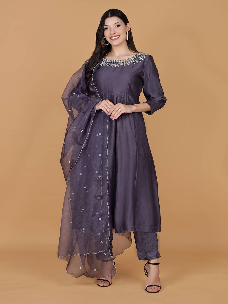 Dull purple pure chanderi mirror work anarkali set