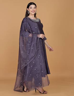 purple chanderi mirror work anarkali set 2