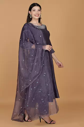 purple chanderi mirror work anarkali set