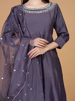 purple chanderi mirror work anarkali set 3