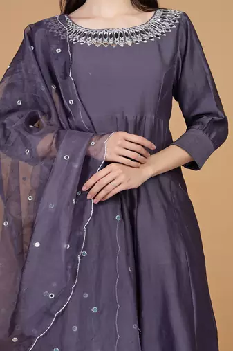 purple chanderi mirror work anarkali set