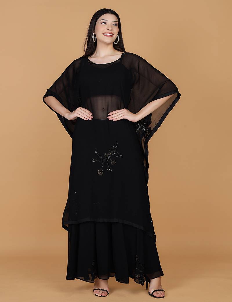 Black georgette sequins and beads work kaftaan sharara set