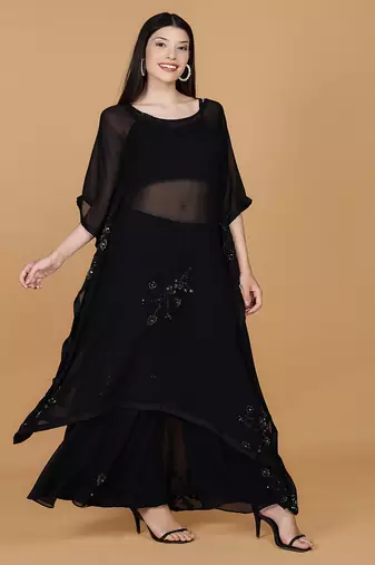 black georgette sequins and beads work kaftan sharara set