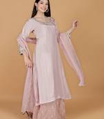 Light pink viscose silk pearl sequins dubka work sharara set