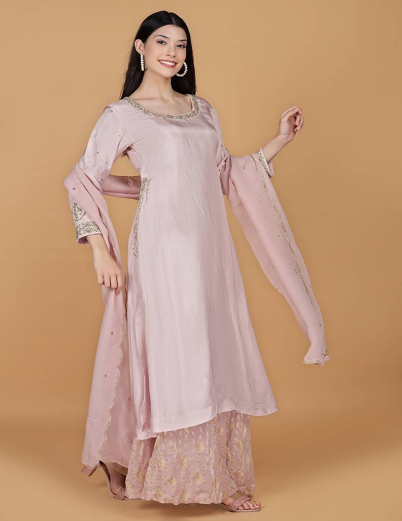 Light pink viscose silk pearl sequins dubka work sharara set