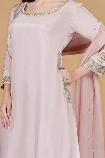 light pink viscose silk pearl sequins dubka work sharara set
