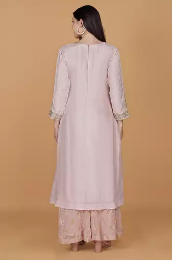 light pink viscose silk pearl sequins dubka work sharara set