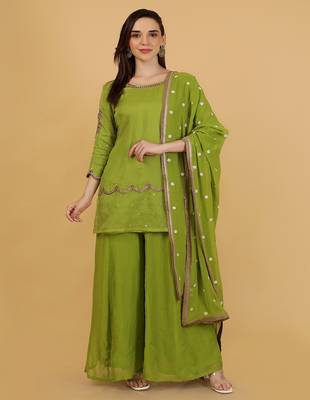 leaf green organza with cutdana and beadwork sharara set 1