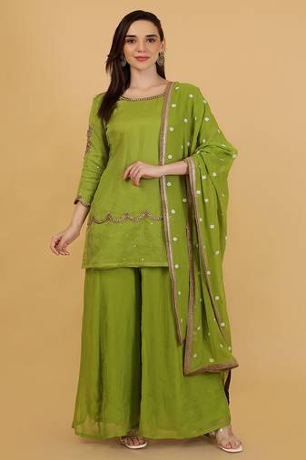 Leaf green organza with cutdana and beadwork sharara set