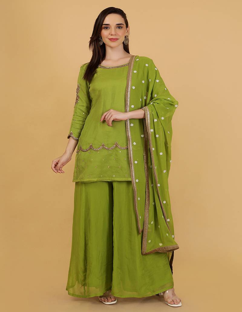 Leaf green organza with cutdana and beadwork sharara set