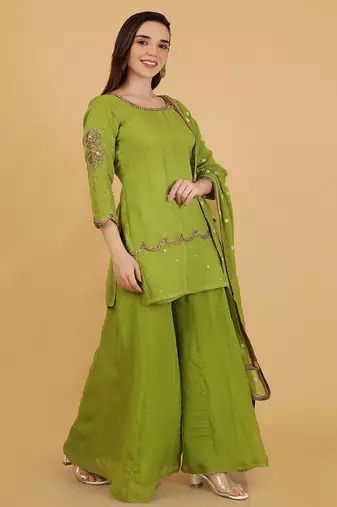 leaf green organza with cutdana and beadwork sharara set