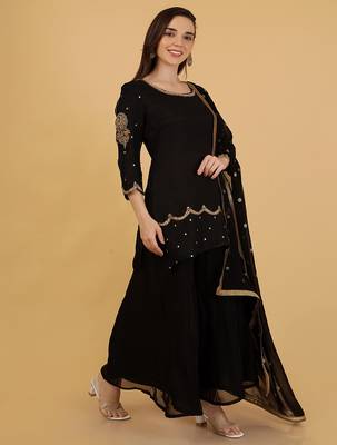 black organza with cutdana and bead work sharara set 1