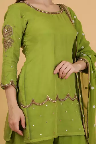 leaf green organza with cutdana and beadwork sharara set