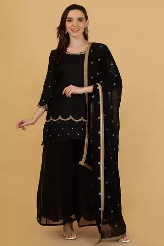 black organza with cutdana and bead work sharara set