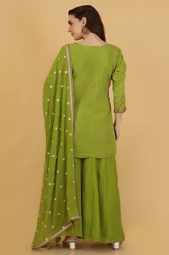 leaf green organza with cutdana and beadwork sharara set