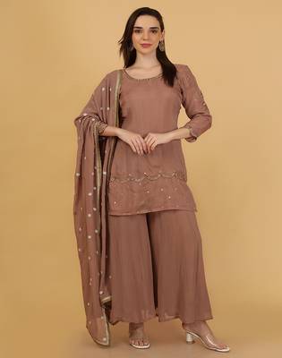 mocha brown organza with cutdana beadwork sharara set 1