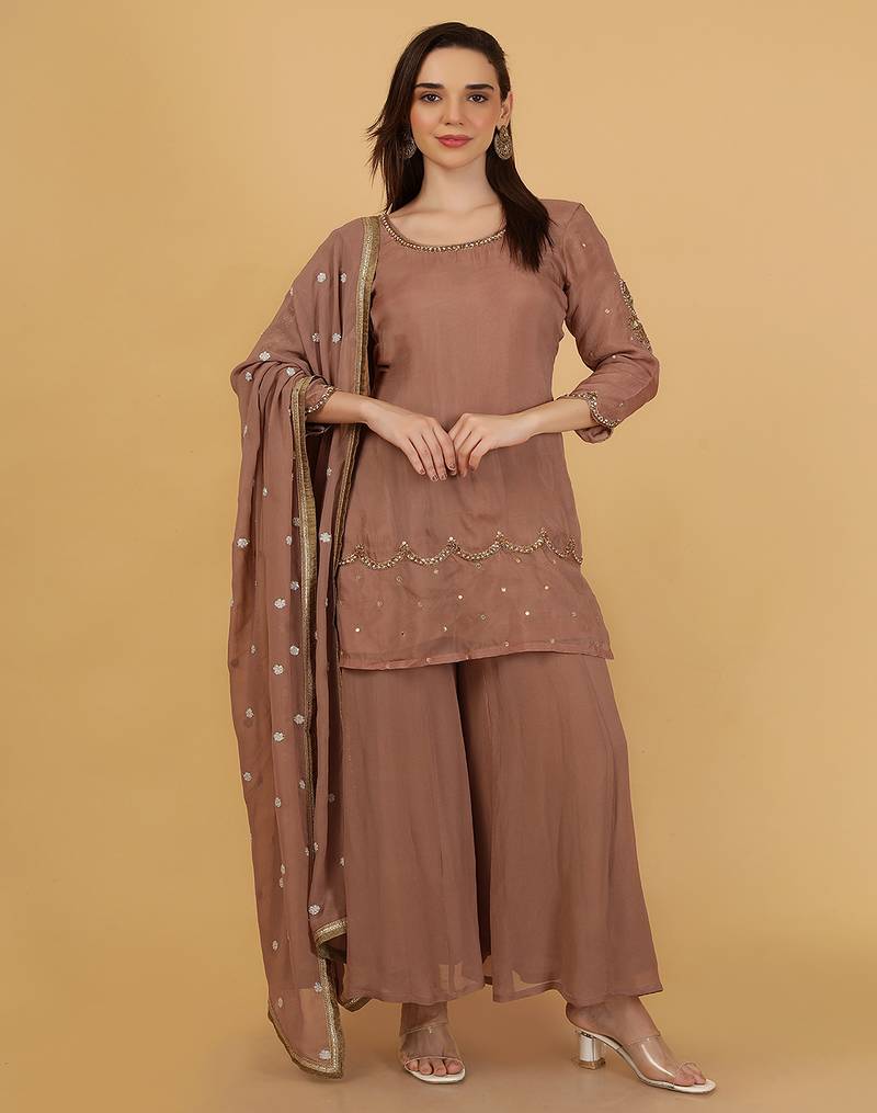 Mocha brown organza with cutdana beadwork sharara set