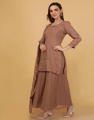 mocha brown organza with cutdana beadwork sharara set 2