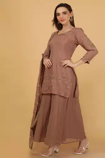 mocha brown organza with cutdana beadwork sharara set