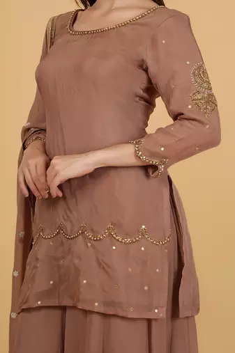 mocha brown organza with cutdana beadwork sharara set