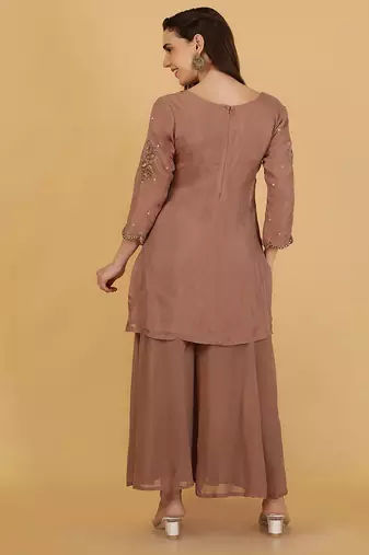 mocha brown organza with cutdana beadwork sharara set