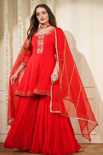 Red georgette dubka resham work sharara set