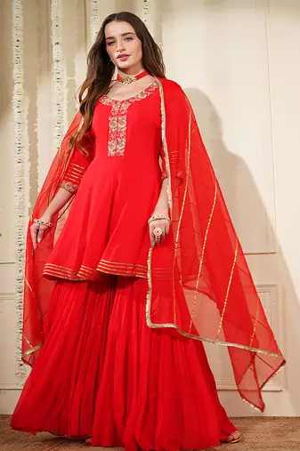 Red georgette dubka resham work sharara set