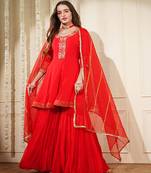 Red georgette dubka resham work sharara set