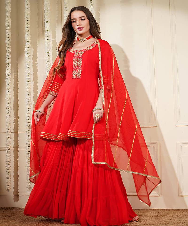 Red georgette dubka resham work sharara set
