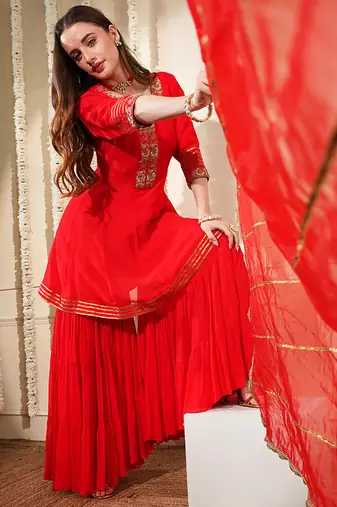 red georgette dubka resham work sharara set