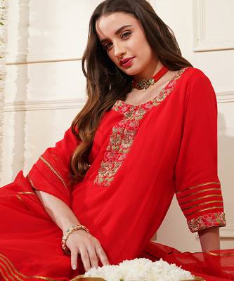 red georgette dubka resham work sharara set 3