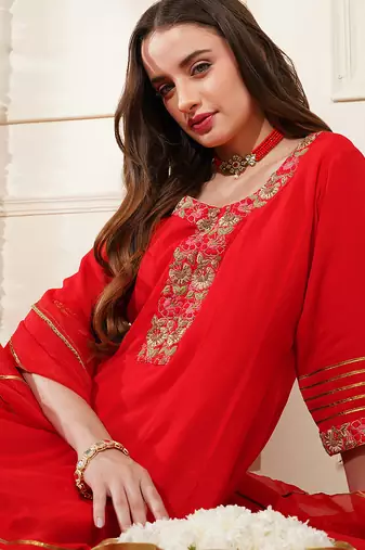 red georgette dubka resham work sharara set