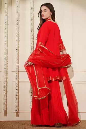 red georgette dubka resham work sharara set