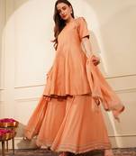 Dark peach katan silk and georgette peplum sharara set