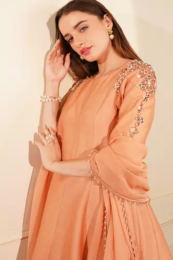 dark peach katan silk and georgette peplum sharara set