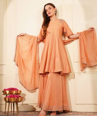 dark peach katan silk and georgette peplum sharara set 3