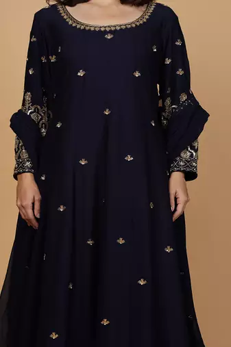 dark blue katan silk anarkali set