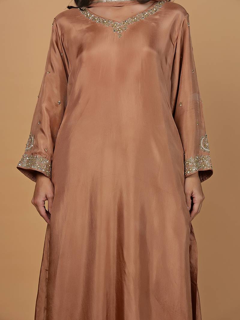 Rust opara silk sequins cutdana work kurta set