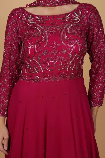 wine nalki and cutdana work georgette anarkali suit