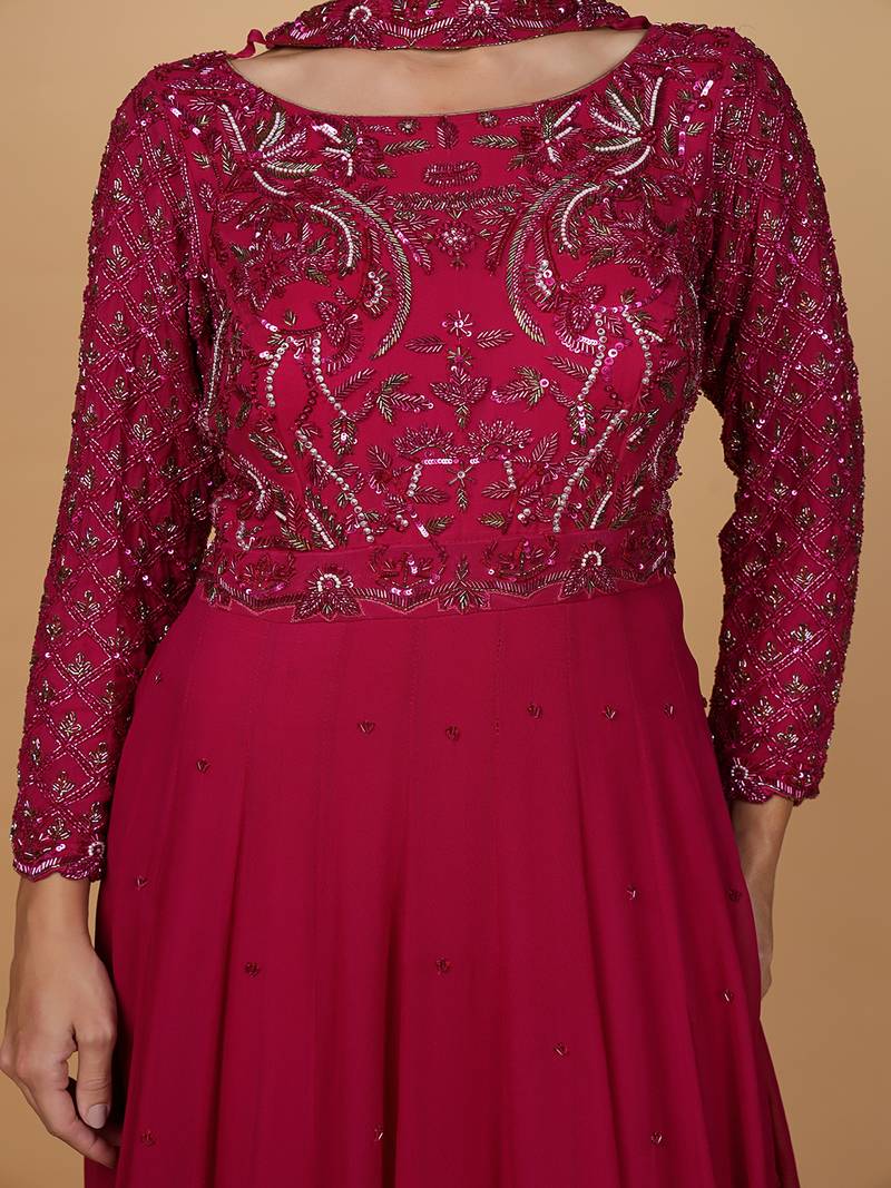 Wine nalki and cutdana work georgette anarkali suit