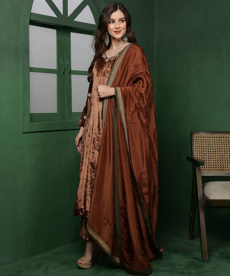 Brown velvet kurta set