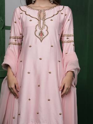 light pink cutdana and pearl katan silk kurta set 4