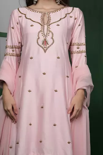 light pink cutdana and pearl katan silk kurta set