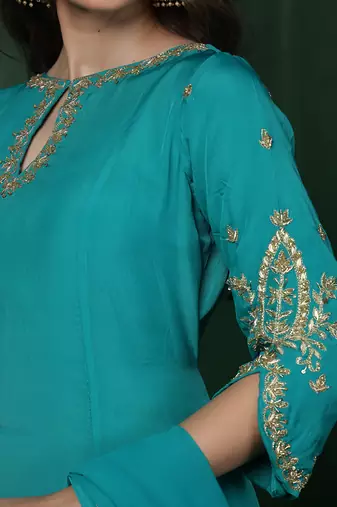 teal embroidered organza kurta set