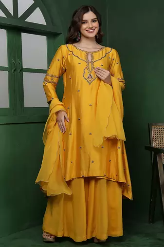 mustard cutdana and pearl katan silk kurta set