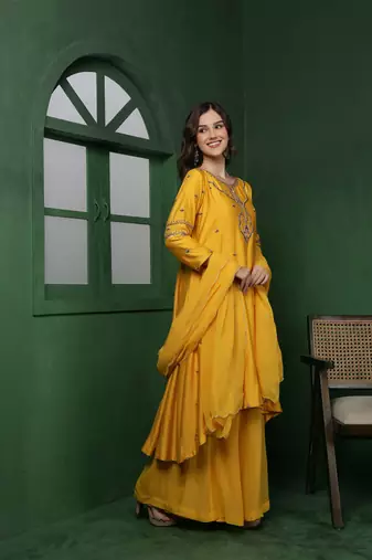 mustard cutdana and pearl katan silk kurta set